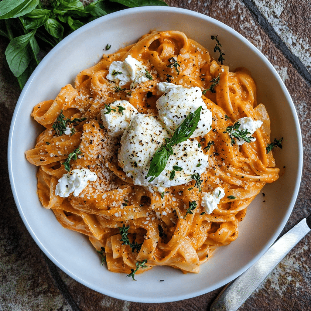 Creamy Red Pepper Pasta with Burrata & Herbs - Quicker Bites